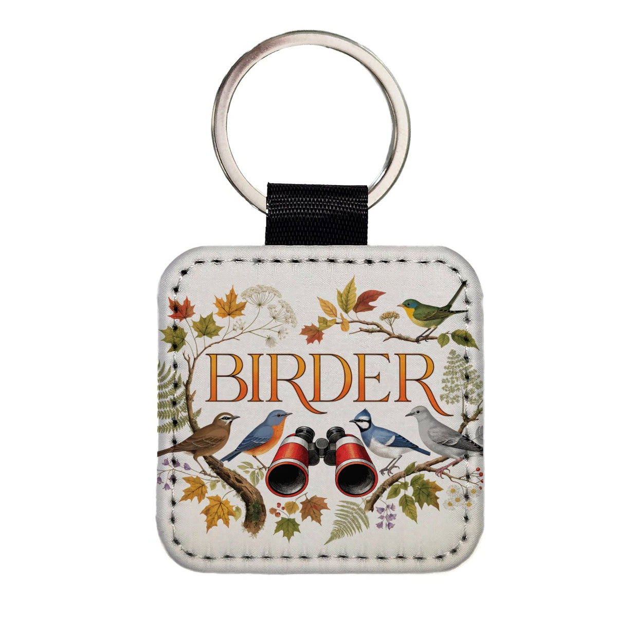 Birder Birdwatching Binoculars Square Faux Leather Keychain