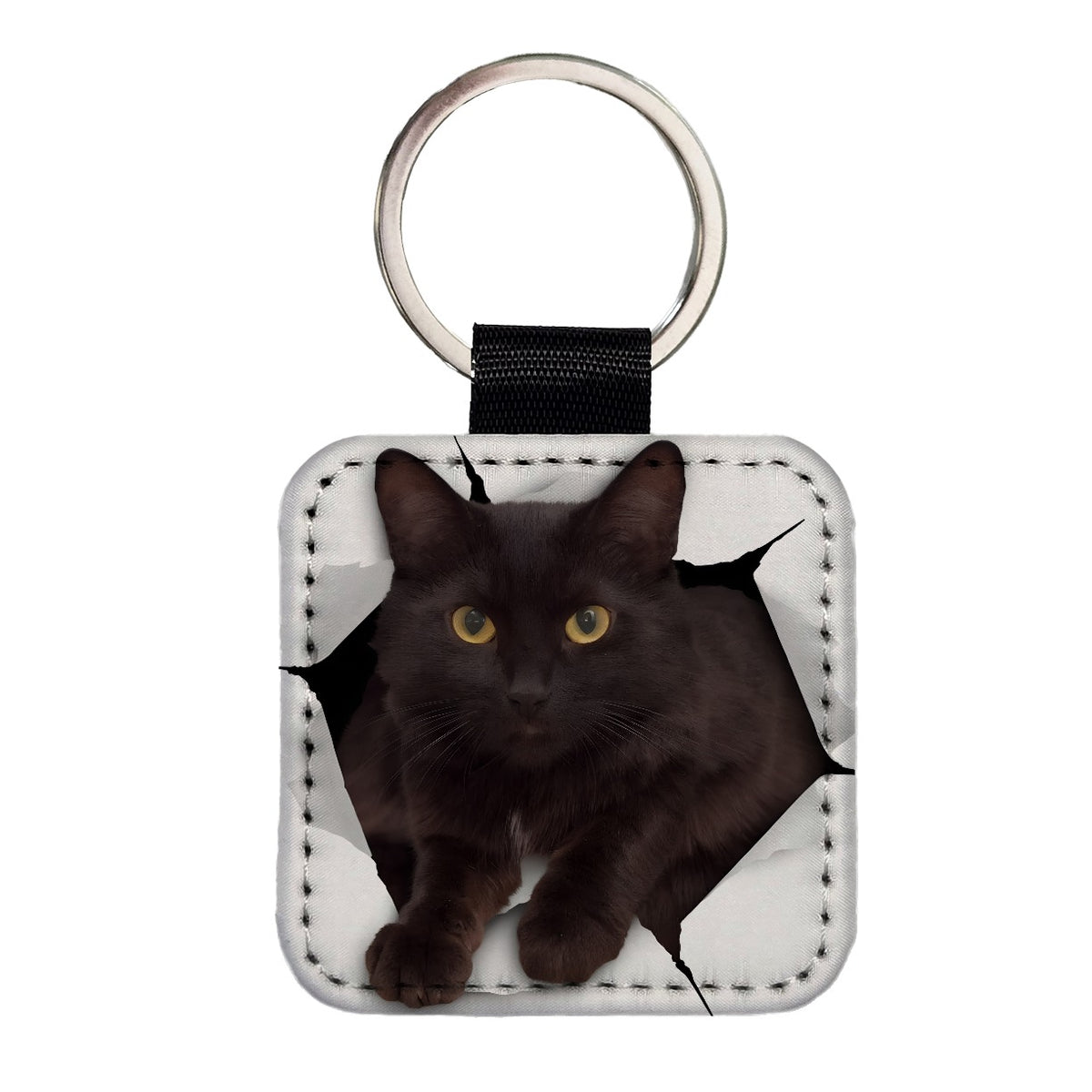 Black Cat Breakout Square Faux Leather Keychain