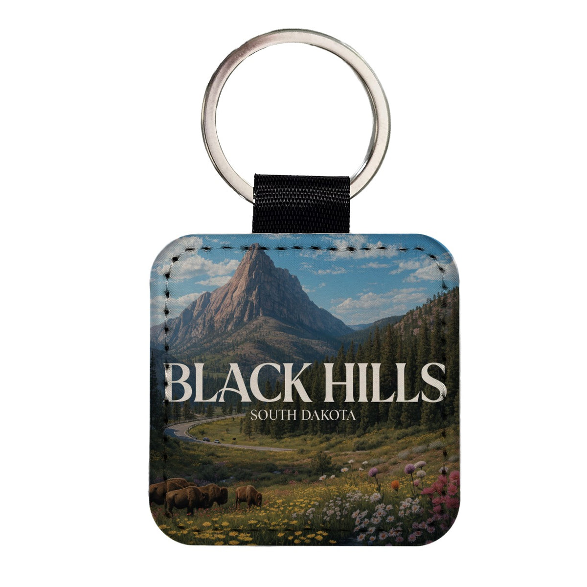 Black Hills South Dakota Travel Square Faux Leather Keychain