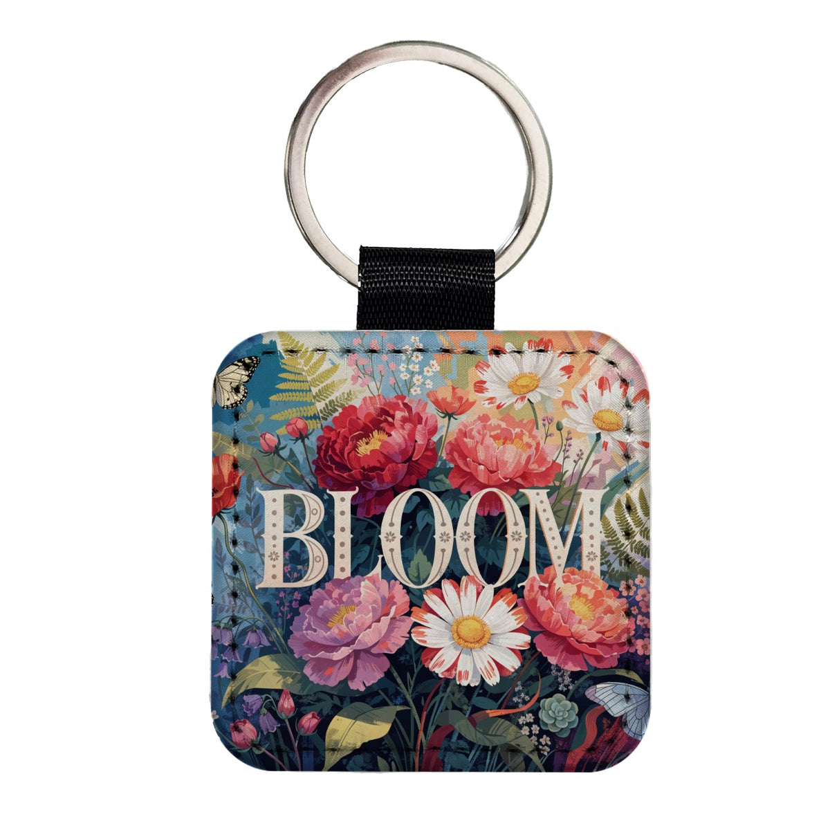 Bloom Gardening Flowers Floral Square Faux Leather Keychain