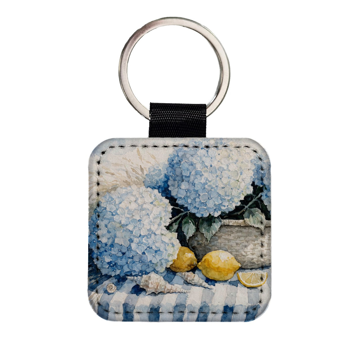 Blue Hydrangeas Seashells Lemons Coastal Square Faux Leather Keychain