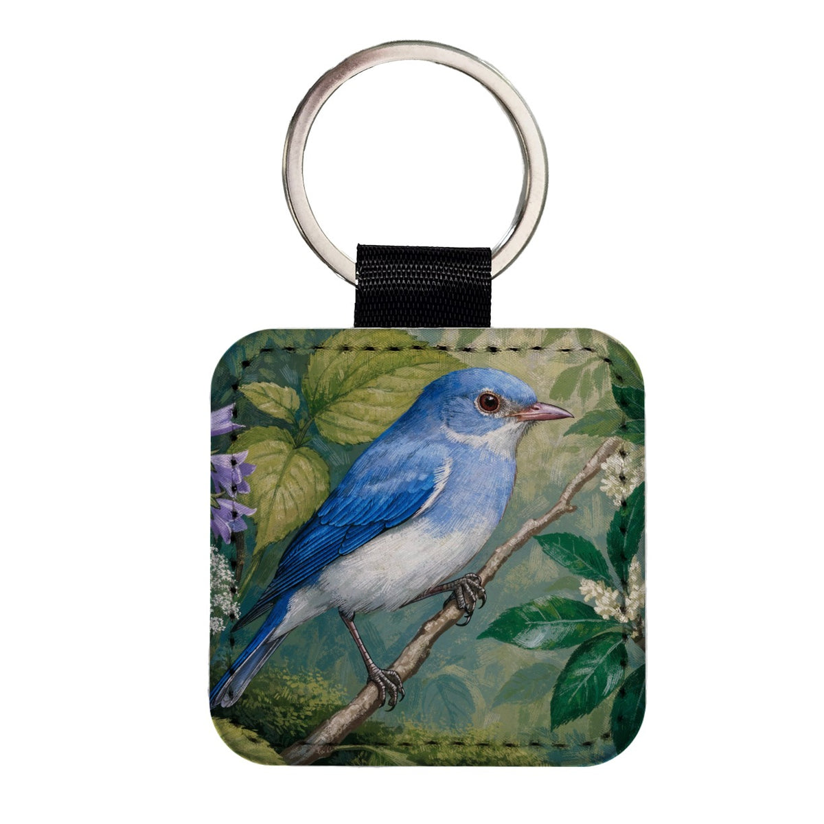 Bluebird Spring Wildflowers Square Faux Leather Keychain