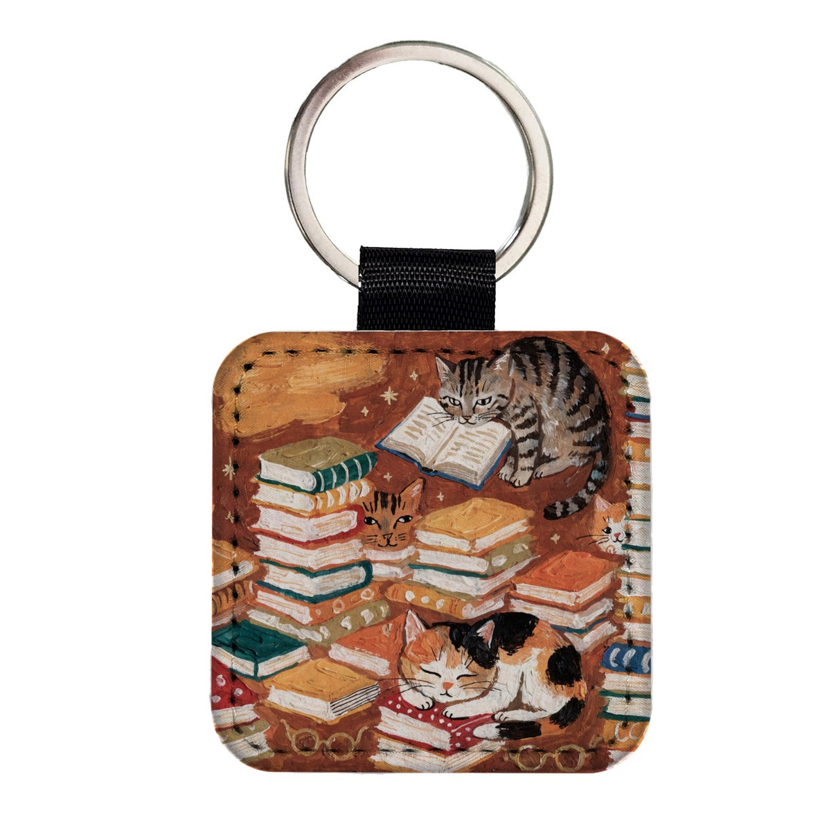 Bookish Cozy Cats Sleeping Reading Square Faux Leather Keychain