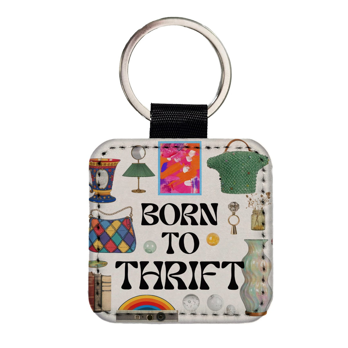 Born To Thrift Thrifting Square Faux Leather Keychain