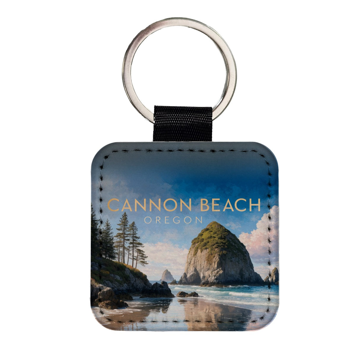 Cannon Beach Oregon Travel Square Faux Leather Keychain