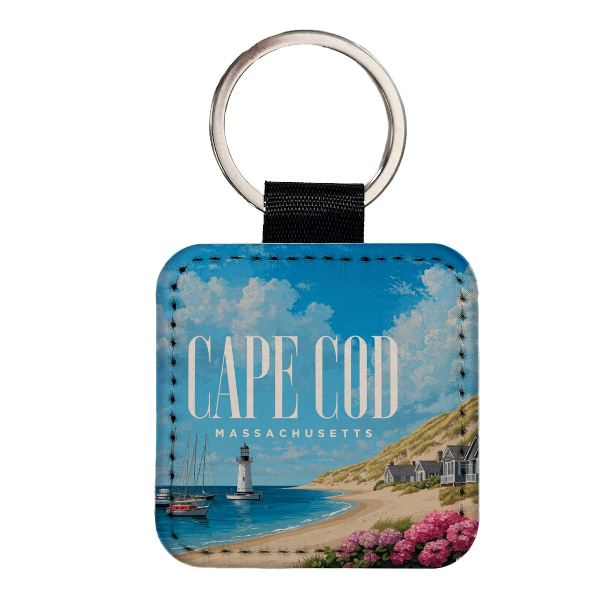 Cape Cod Massachusetts Travel Square Faux Leather Keychain