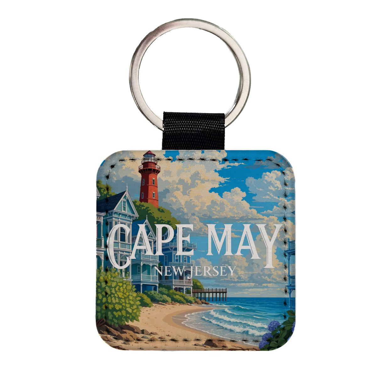 Cape May New Jersey Travel Square Faux Leather Keychain