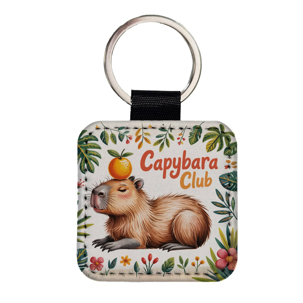 Capybara Club Whimsical Square Faux Leather Keychain