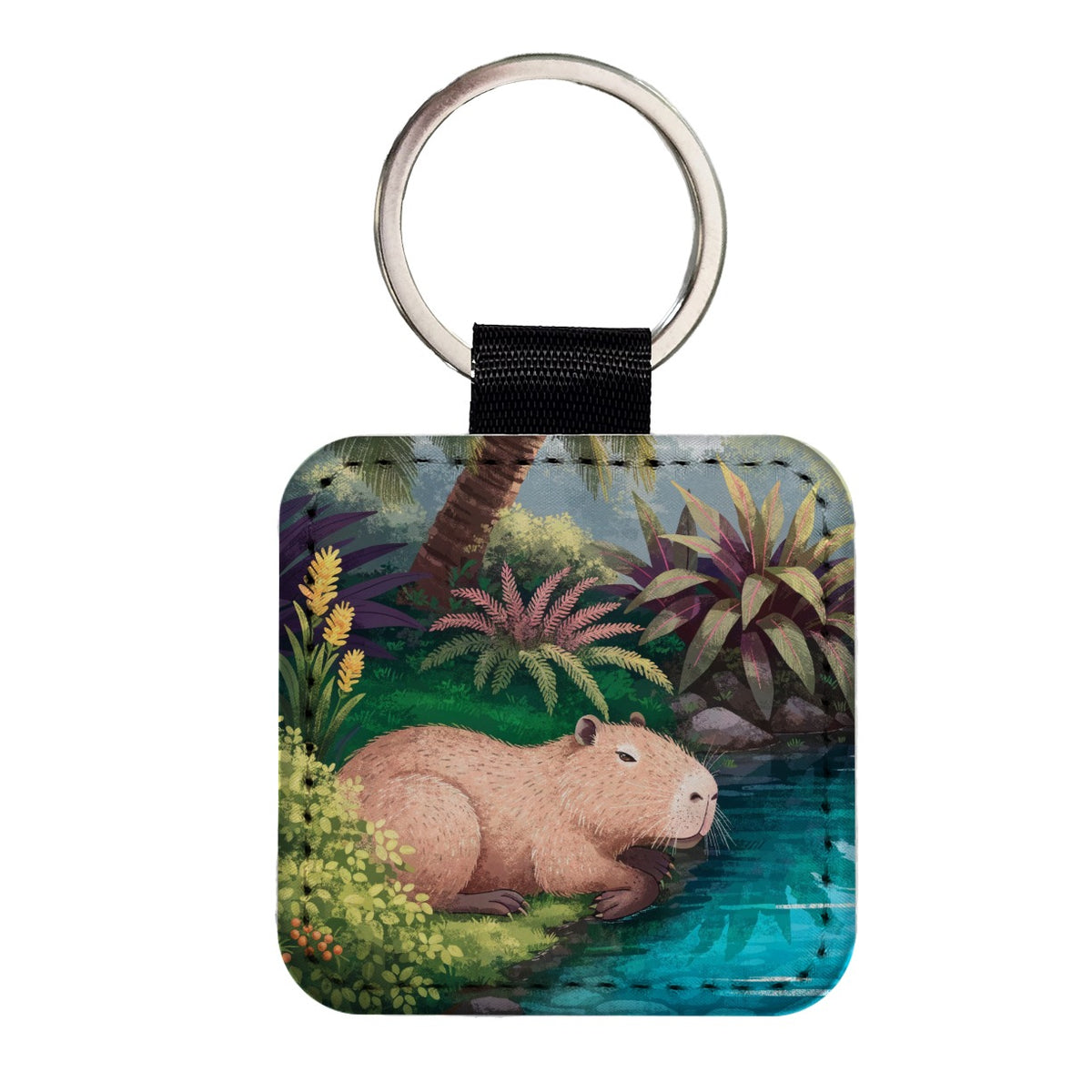 Capybara Tropical Pond Square Faux Leather Keychain