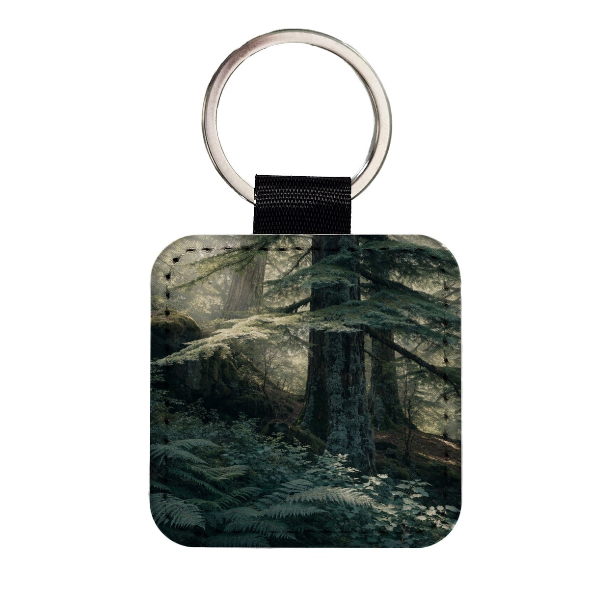 Cedar Woodland Forest Square Faux Leather Keychain