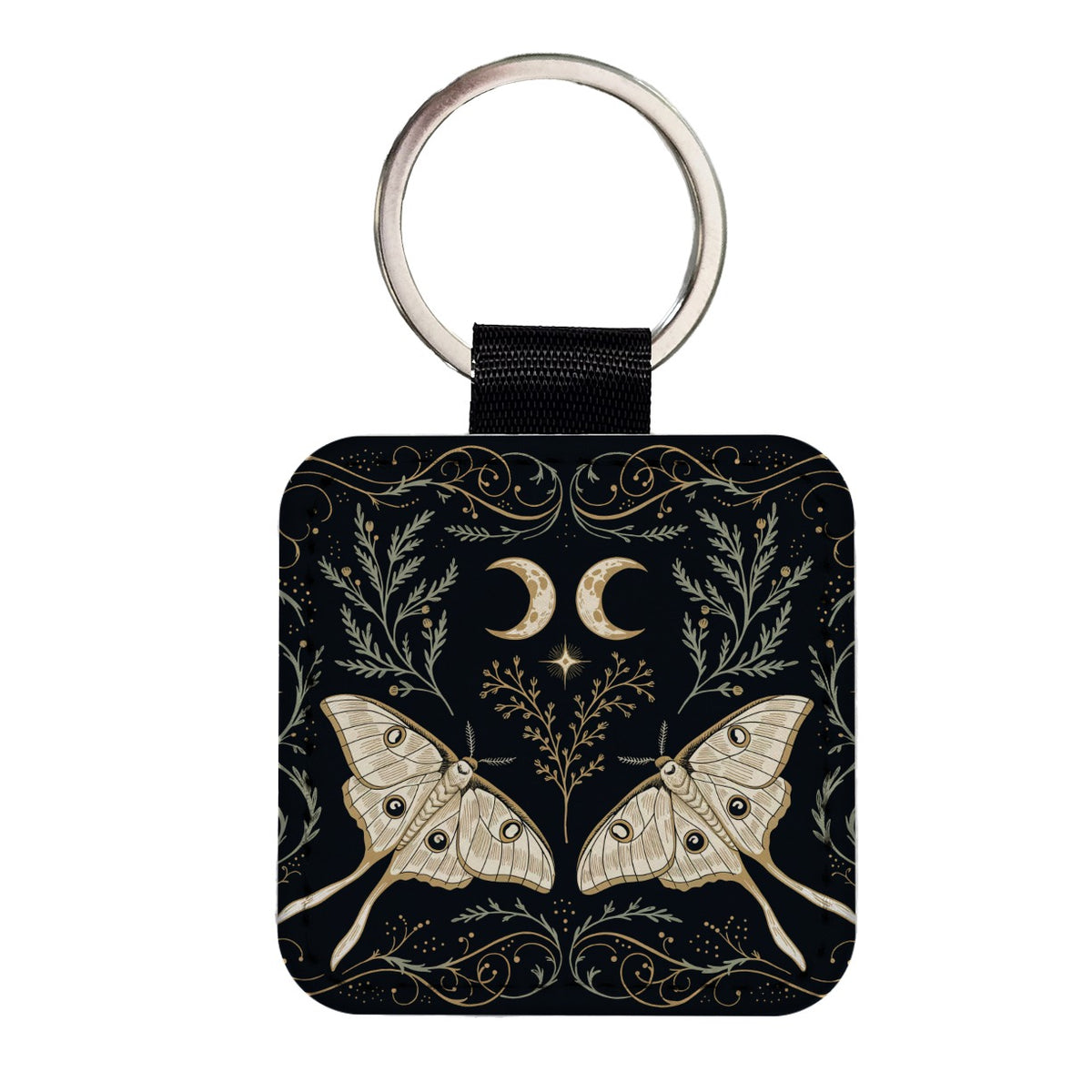 Celestial Moths Crescent Moons Square Faux Leather Keychain