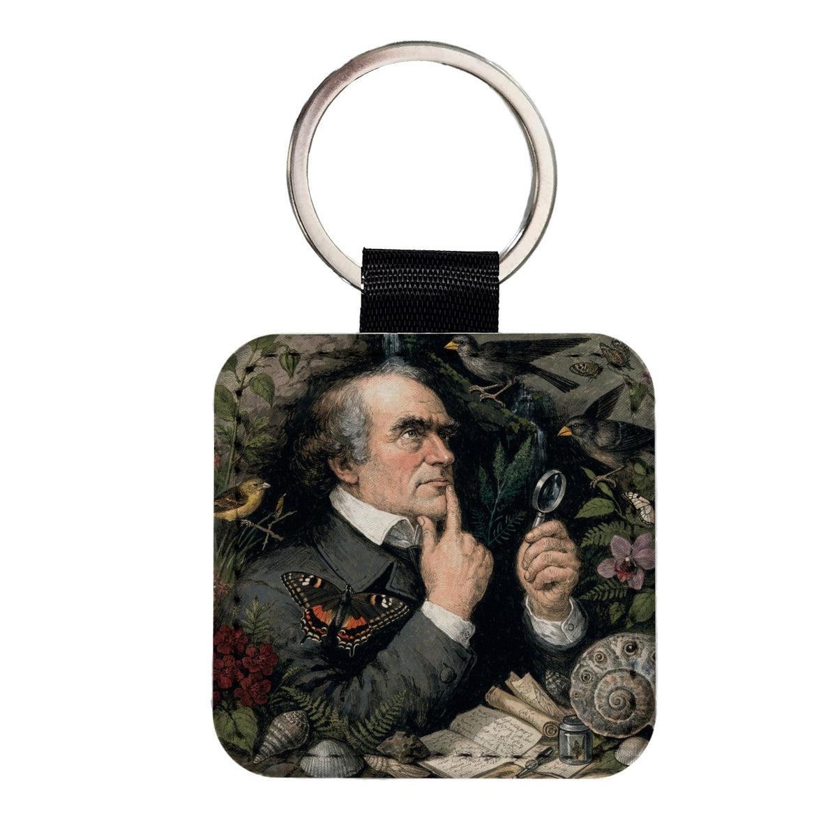 Charles Darwin Naturalist Square Faux Leather Keychain