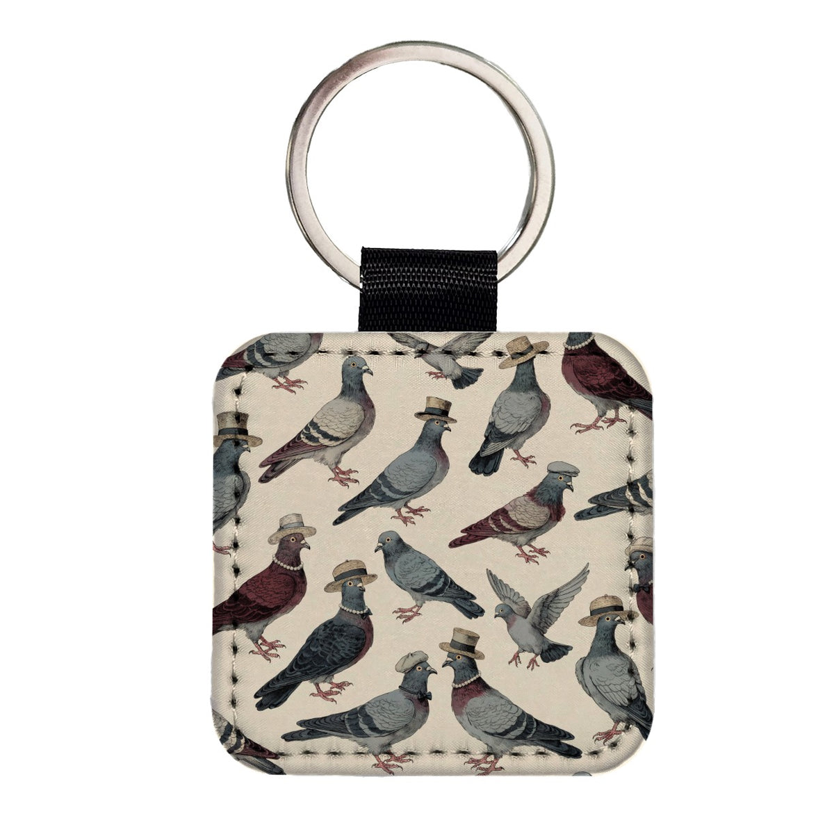 Charming Pigeons Wearing Hat Square Faux Leather Keychain
