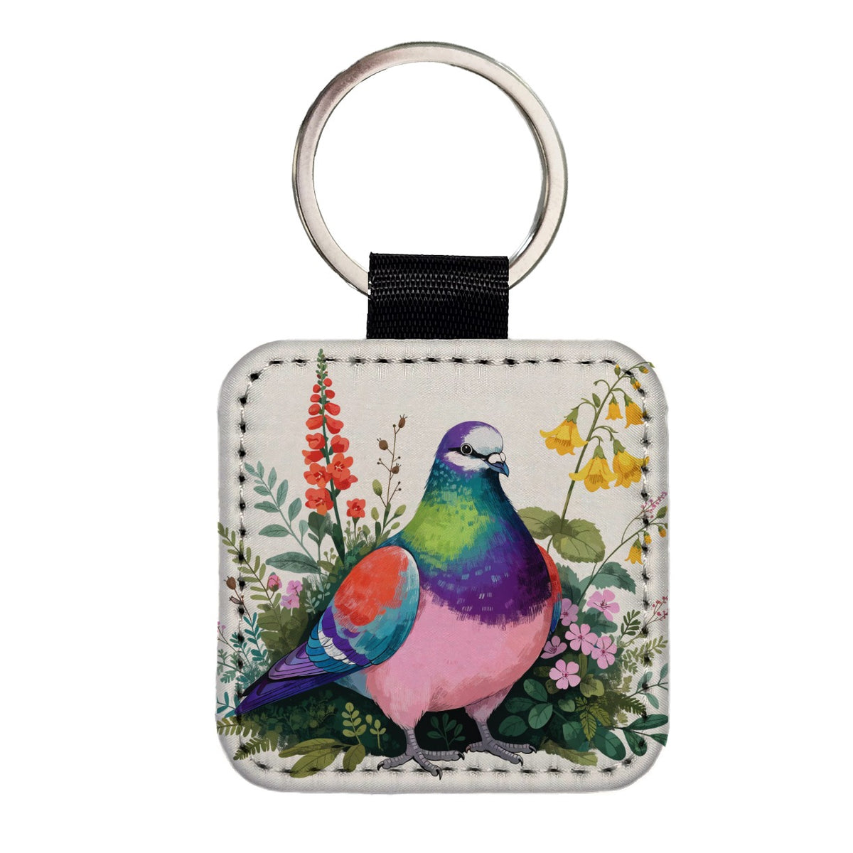 Charming Plump Pigeon Square Faux Leather Keychain