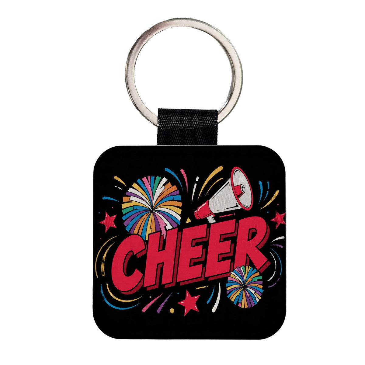 Cheerleading Red on Black Square Faux Leather Keychain