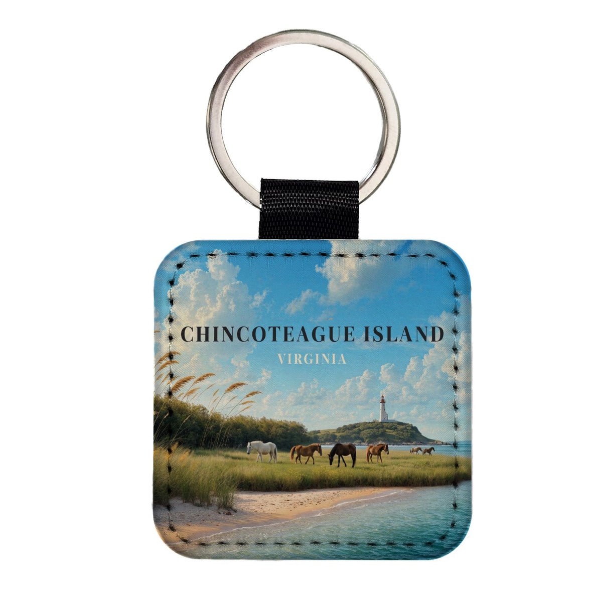 Chincoteague Island Virginia Travel Square Faux Leather Keychain