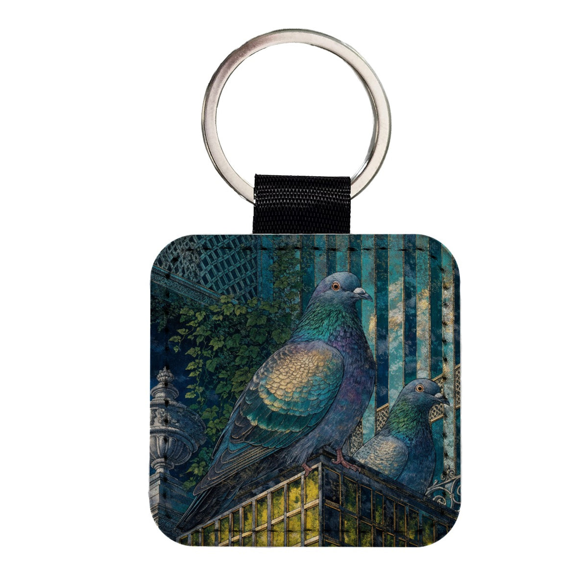 City Pigeons On A Roof Square Faux Leather Keychain