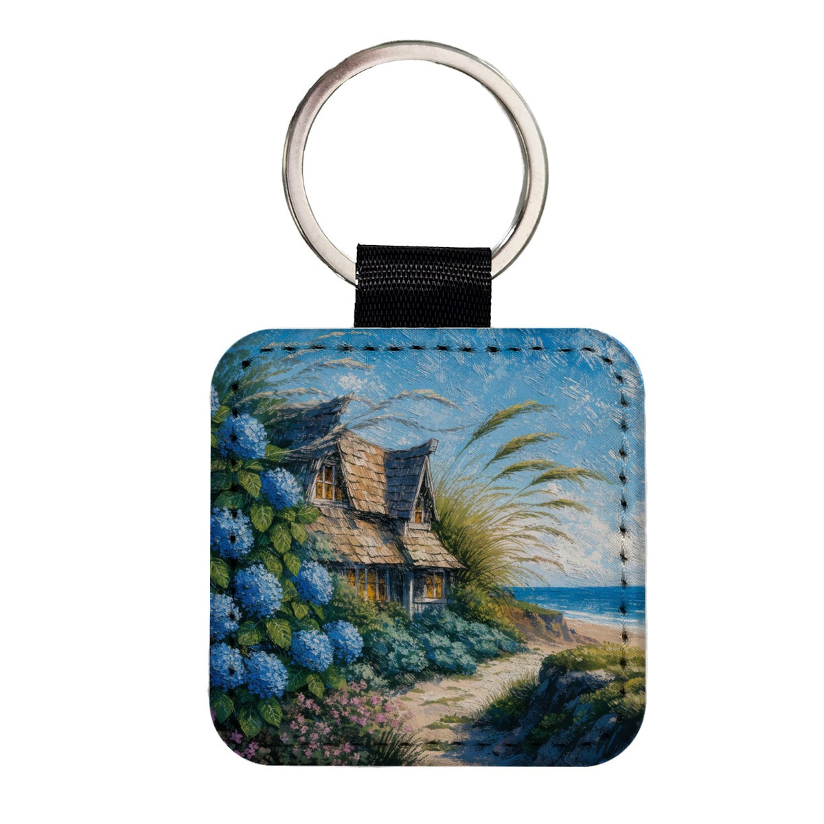 Coastal Cottage Hydrangeas Square Faux Leather Keychain