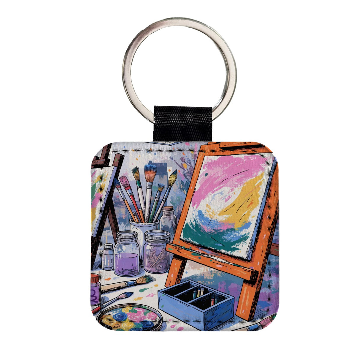 Colorful Artist Painting Studio Square Faux Leather Keychain