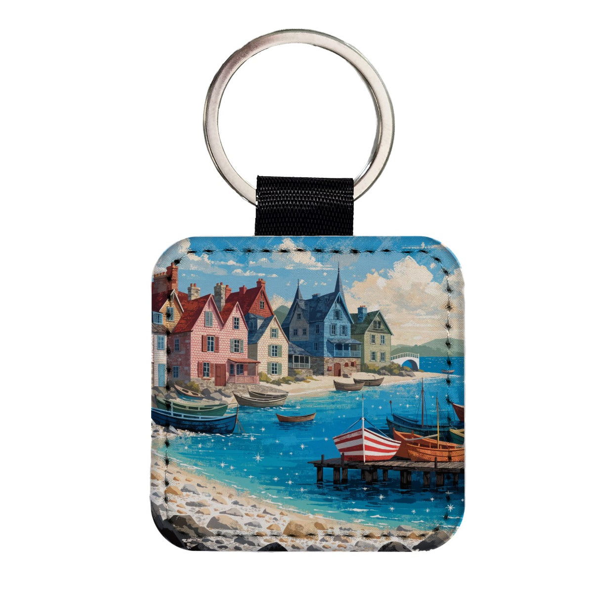 Colorful Coastal Fishing Village Square Faux Leather Keychain