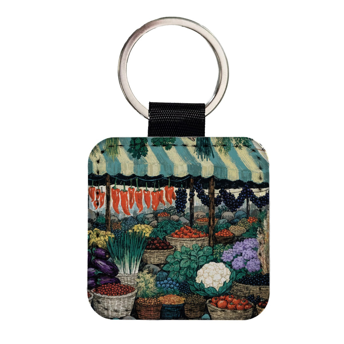 Colorful Farmers Market Square Faux Leather Keychain