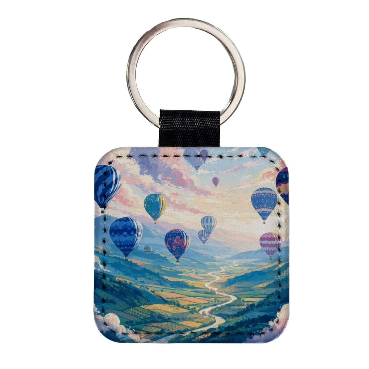 Colorful Hot Air Balloons Square Faux Leather Keychain