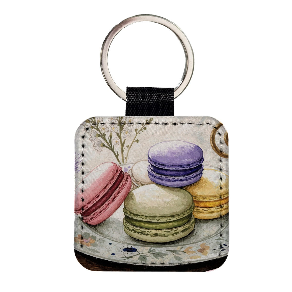 Colorful Macaron Patisserie Square Faux Leather Keychain