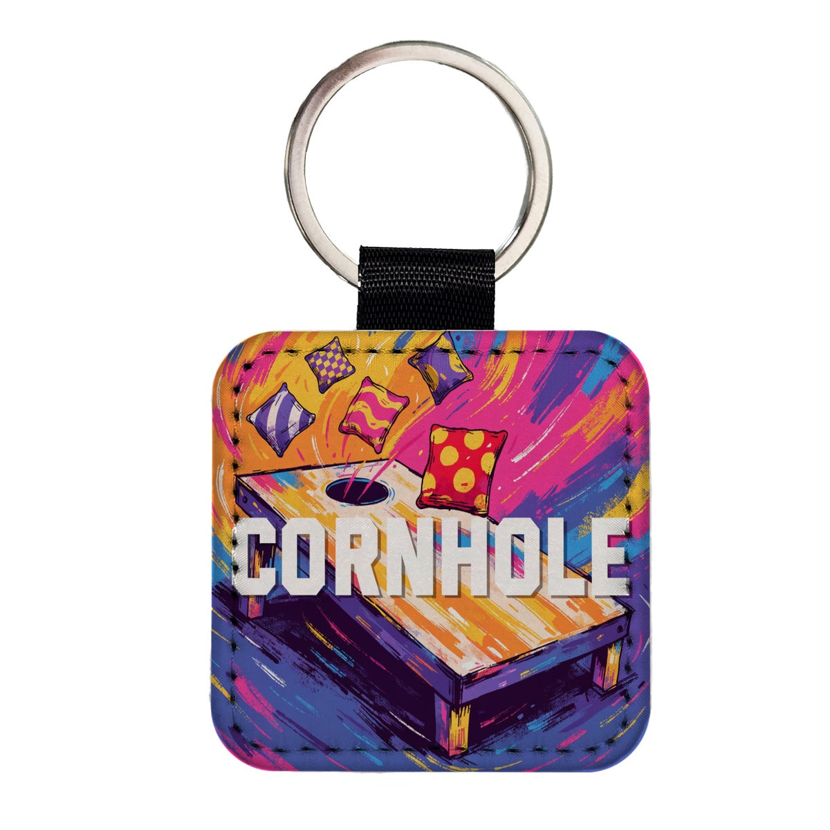 Cornhole Game Square Faux Leather Keychain