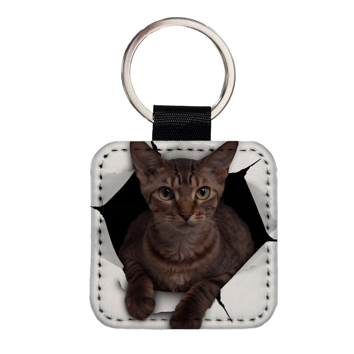 Cornish Rex Cat Breakout Square Faux Leather Keychain