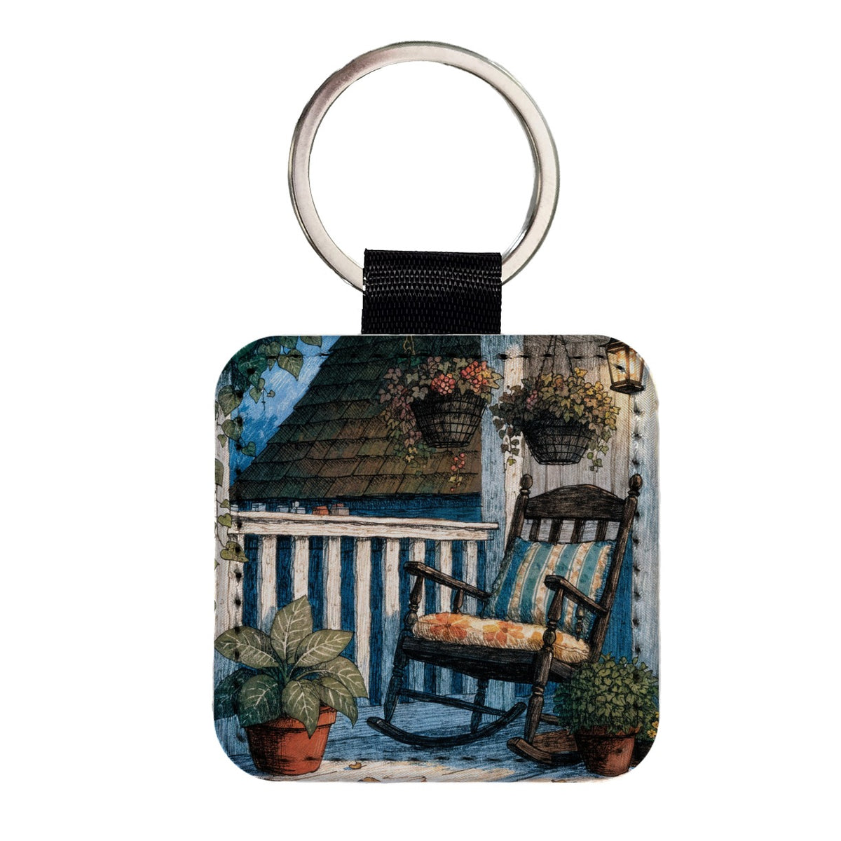 Cozy Cottage Porch Square Faux Leather Keychain