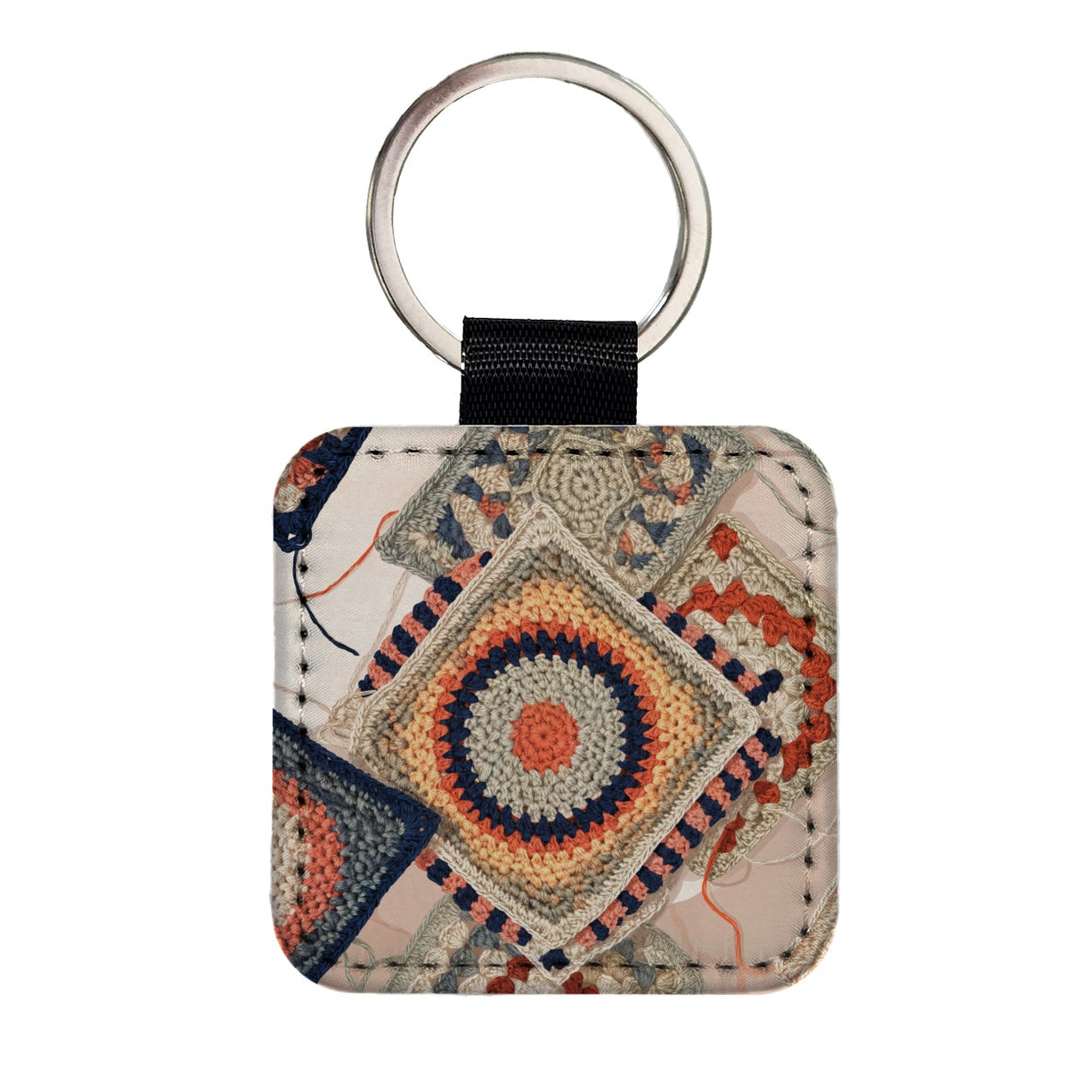 Cozy Crochet Granny Squares Square Faux Leather Keychain