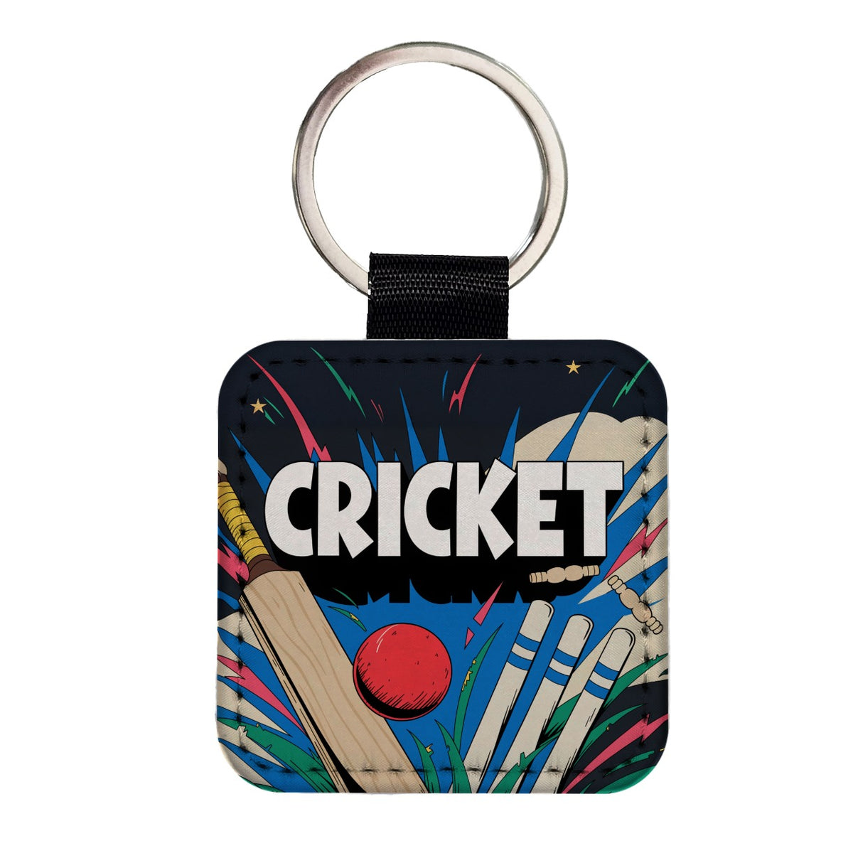 Cricket Bat Ball Wickets Square Faux Leather Keychain