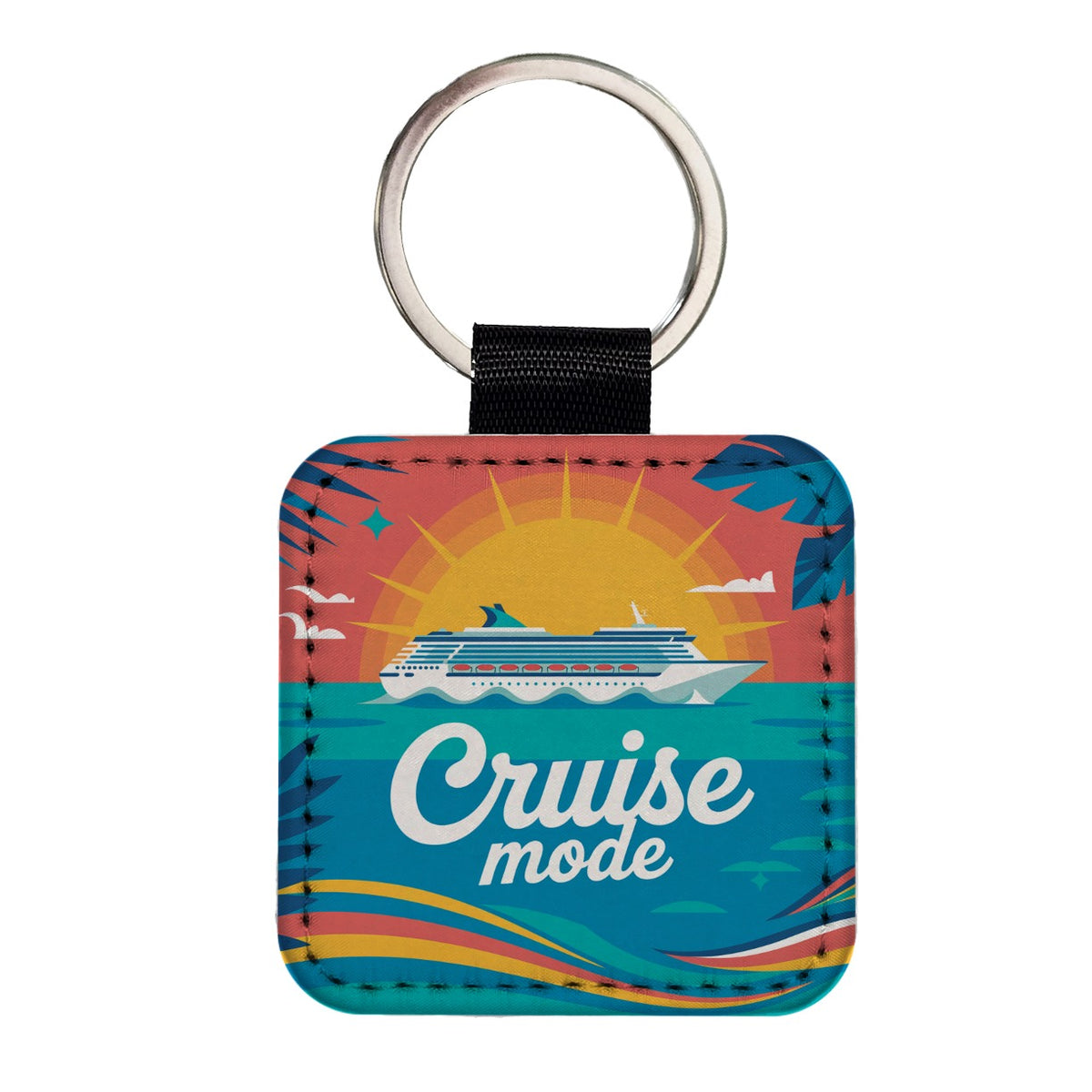 Cruise Mode Ship Vacation Colorful Square Faux Leather Keychain