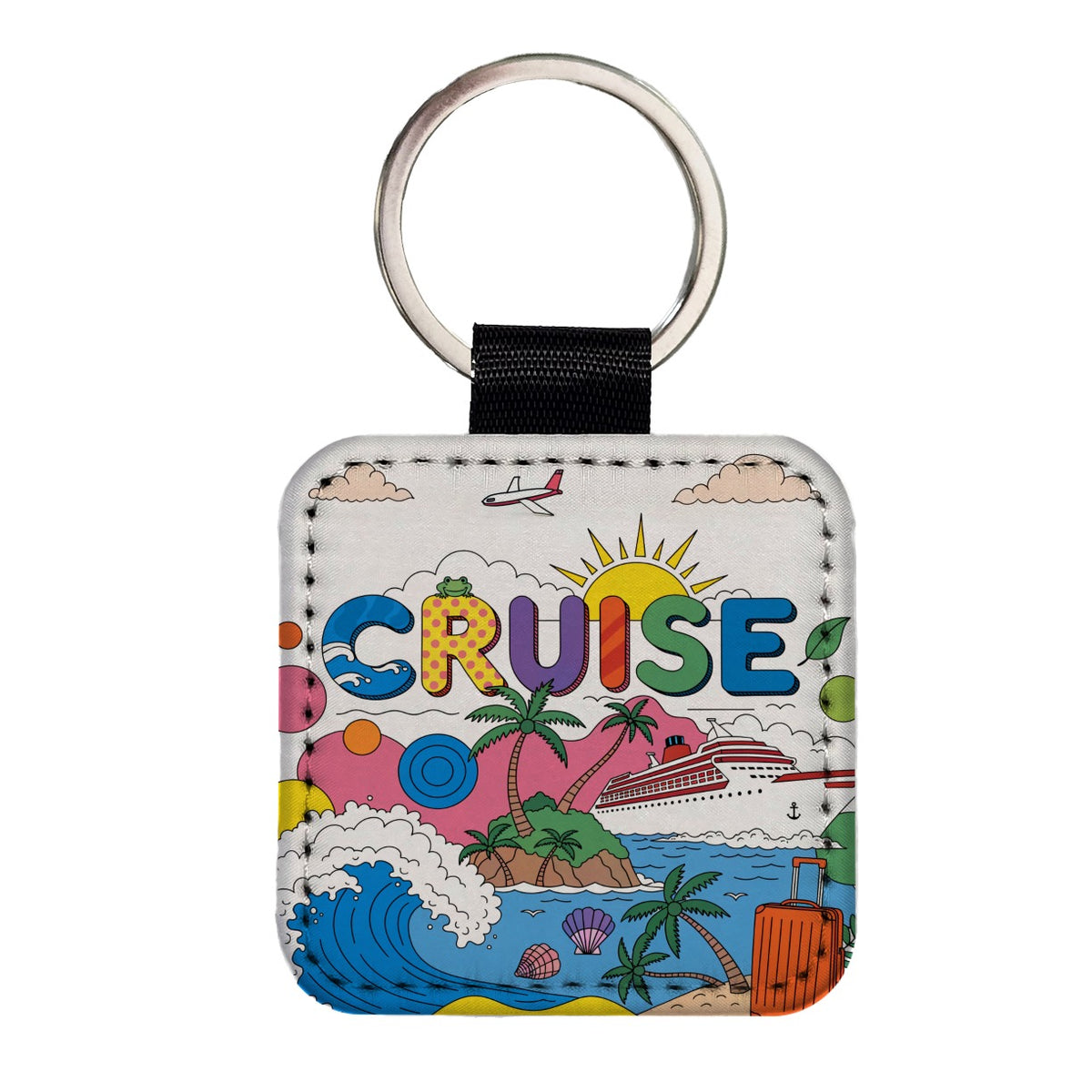 Cruise Ship Colorful Bold Travel Square Faux Leather Keychain