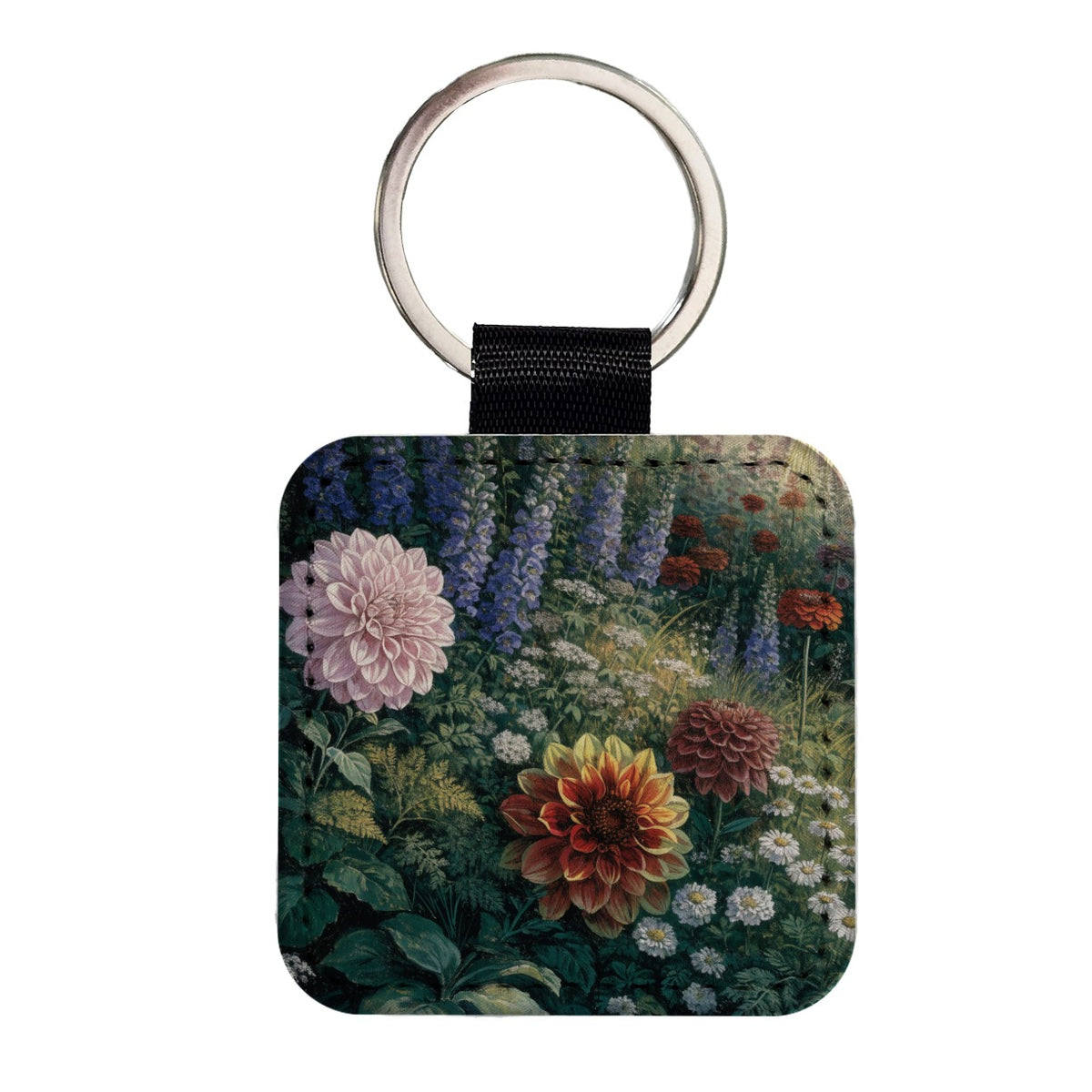 Cut Flower Cottage Garden Square Faux Leather Keychain