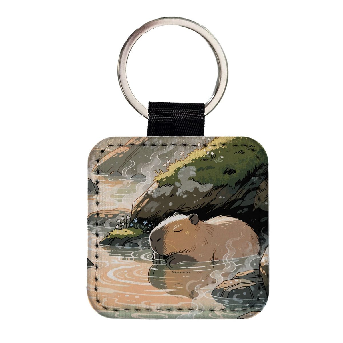Cute Capybara Relaxing Square Faux Leather Keychain