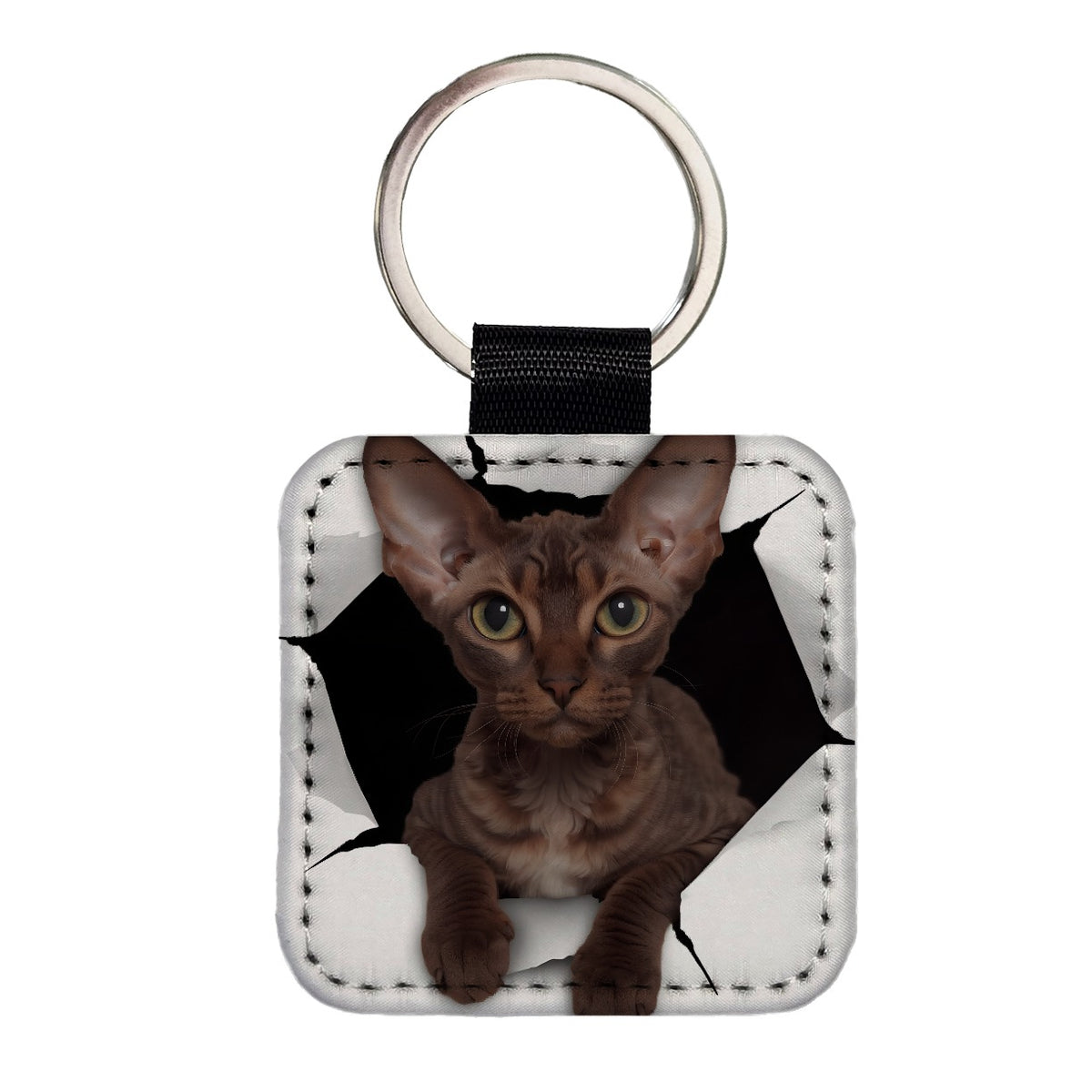 Devon Rex Cat Breakout Square Faux Leather Keychain
