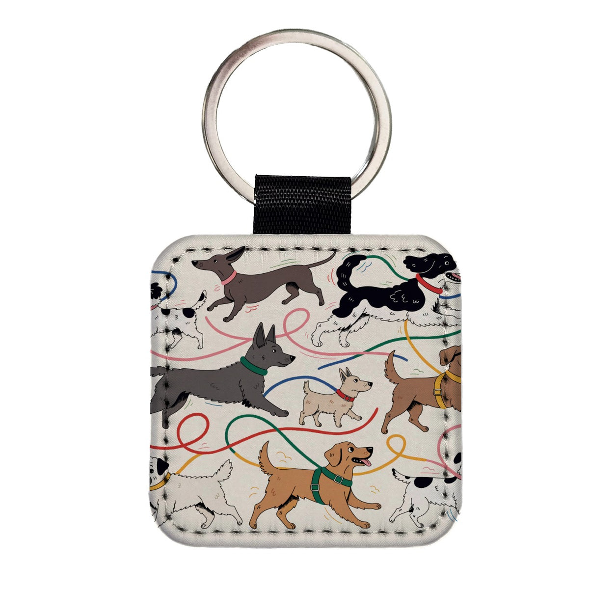 Dog Walk Chaos Square Faux Leather Keychain