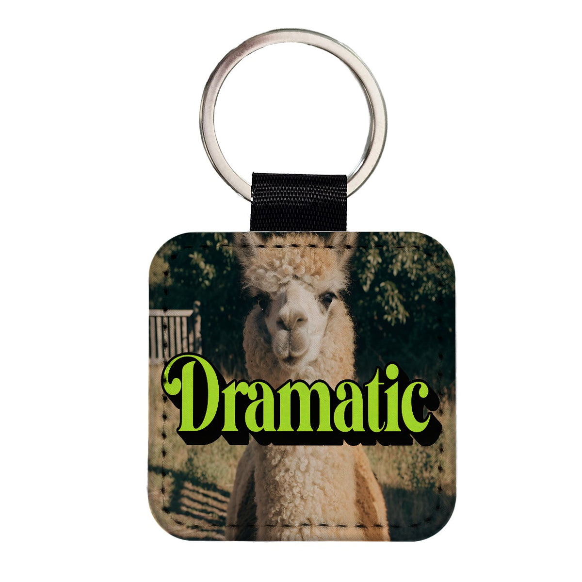 Dramatic Llama Funny Square Faux Leather Keychain