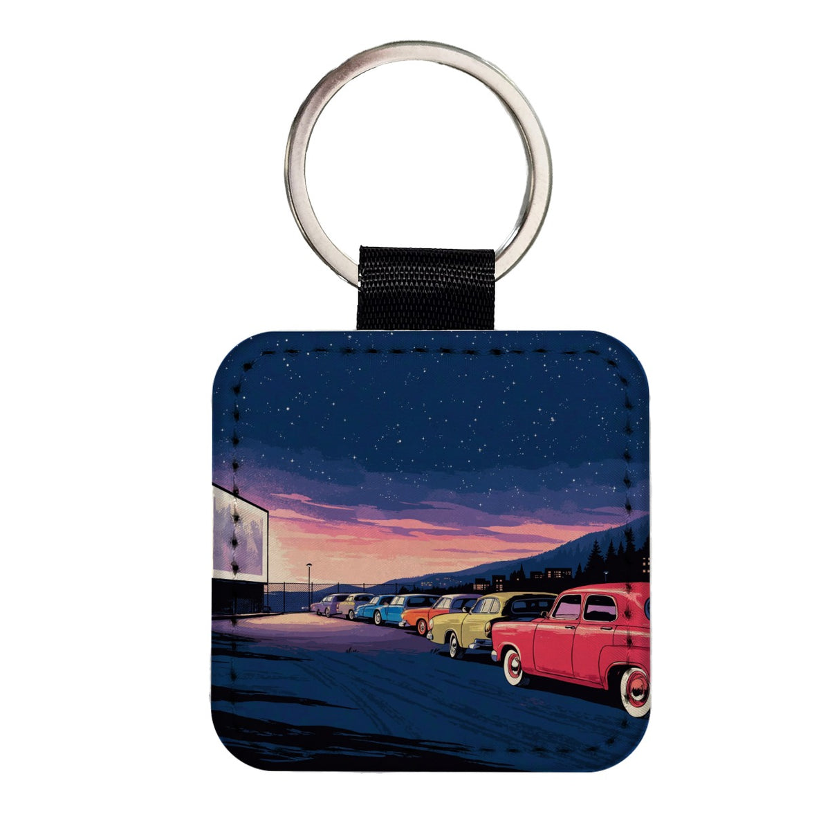 Drive-In Movie Night Square Faux Leather Keychain