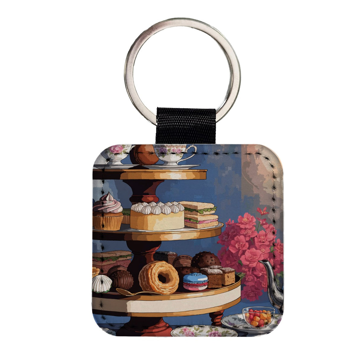 Elegant Afternoon Tea Square Faux Leather Keychain