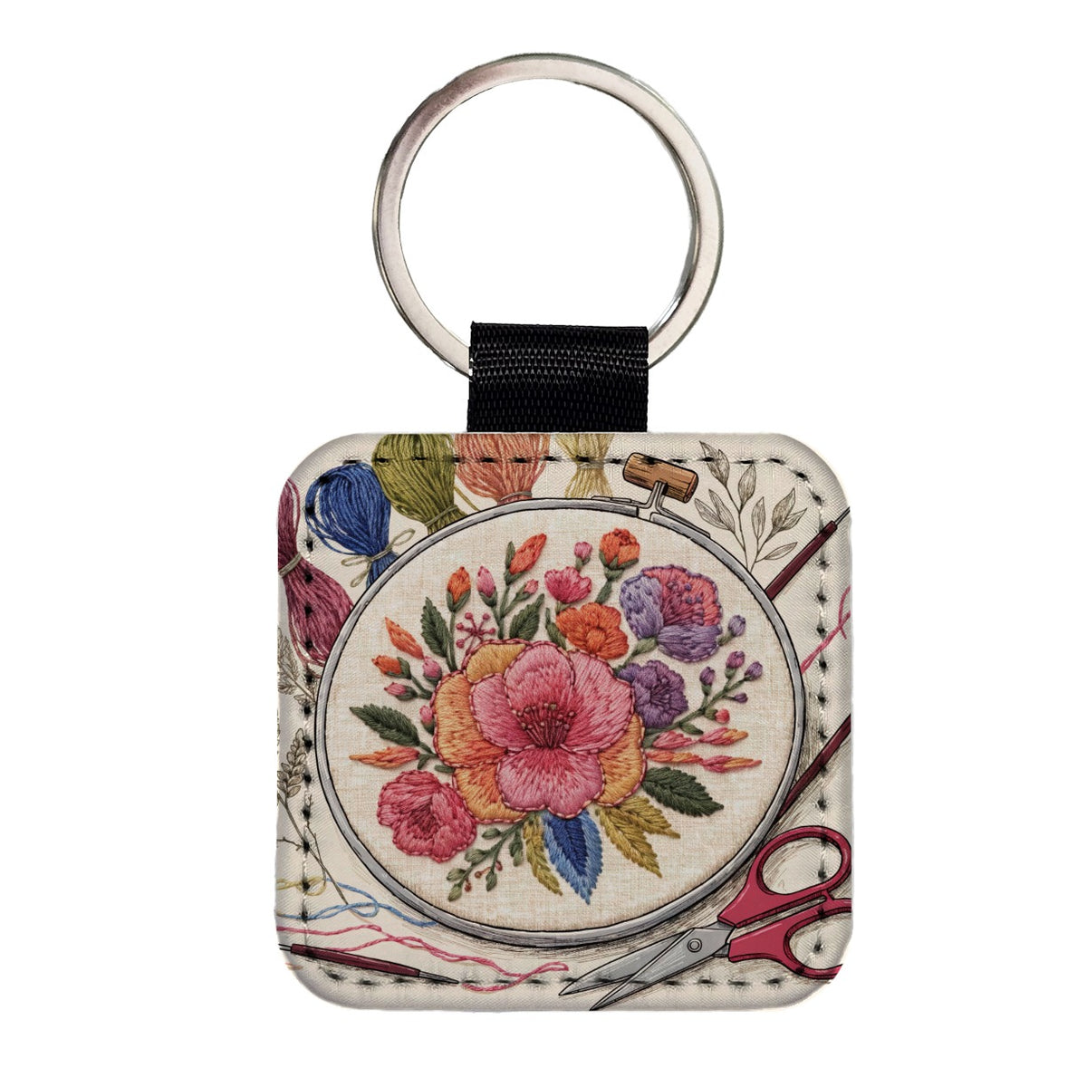 Embroidery Floral Hoop Square Faux Leather Keychain