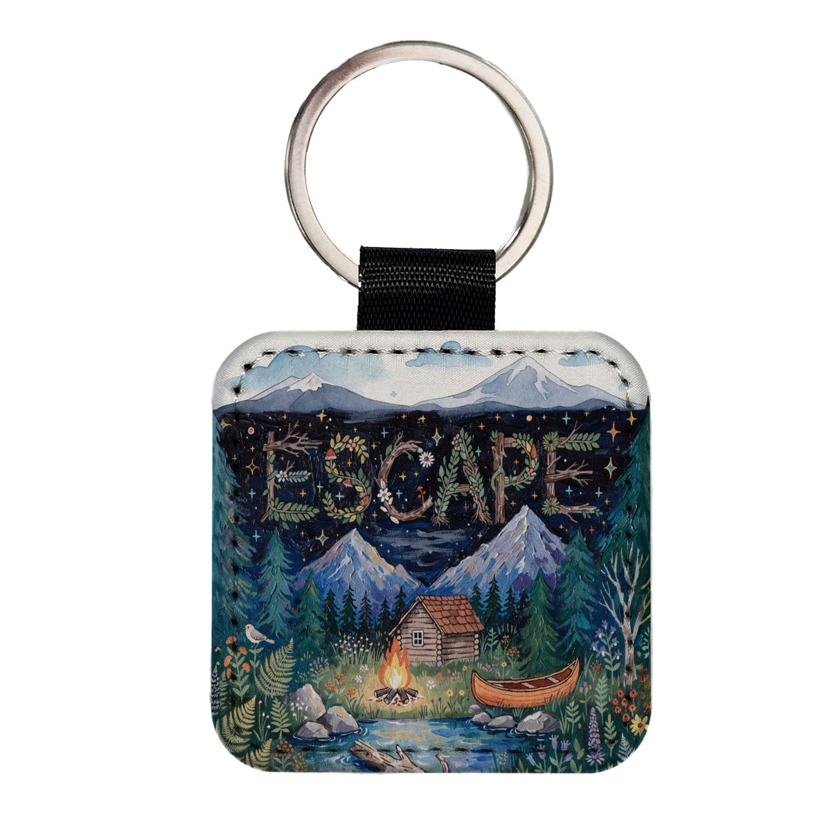 Escape Cozy Cabin Campfire Square Faux Leather Keychain
