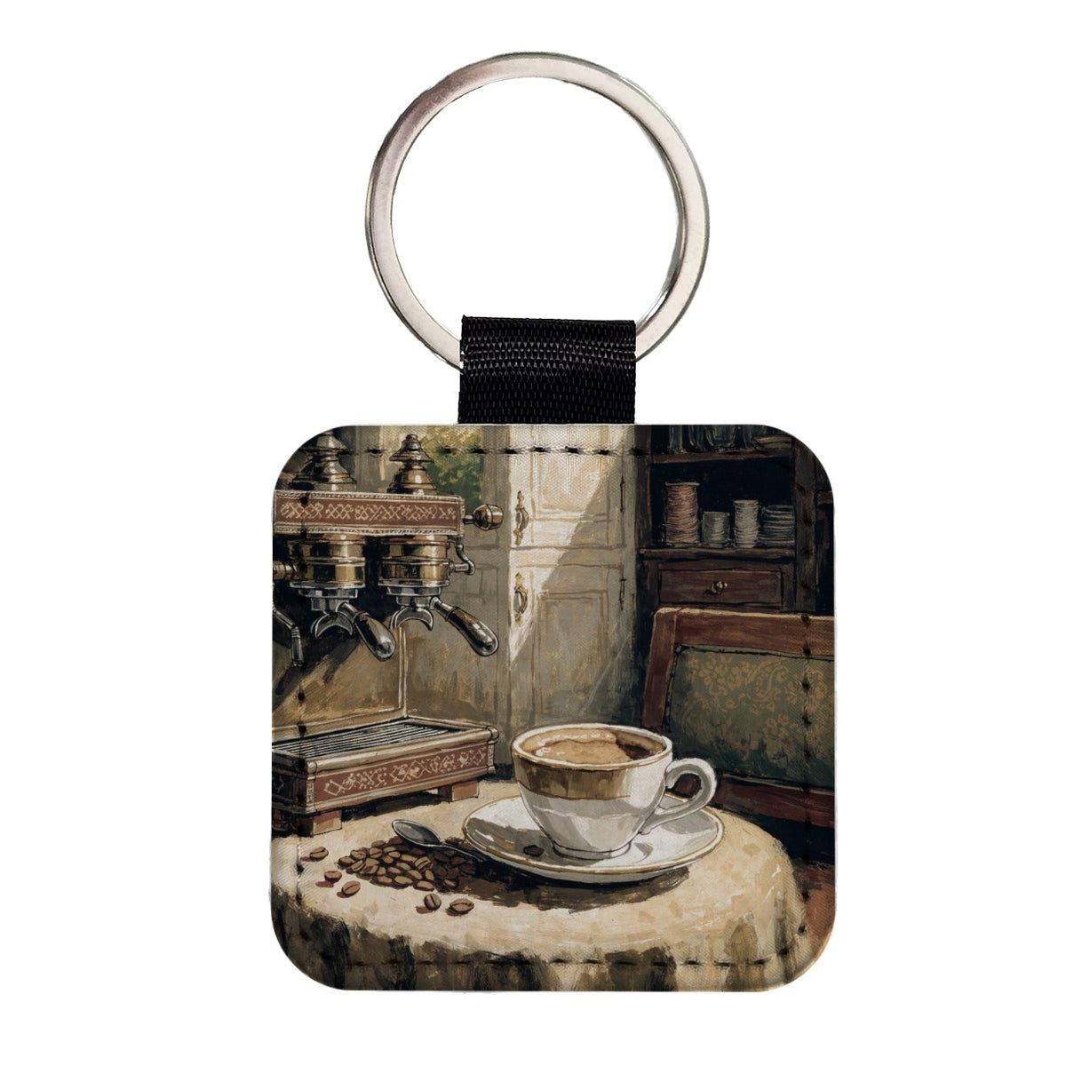 Espresso Coffee Aesthetic Square Faux Leather Keychain
