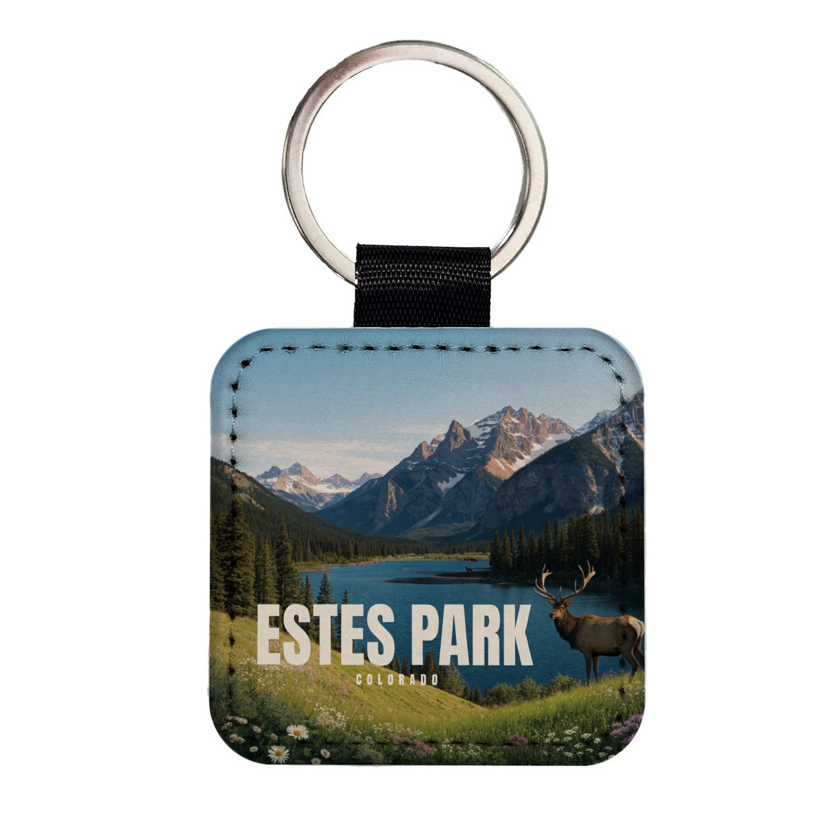 Estes Park Colorado Travel Square Faux Leather Keychain