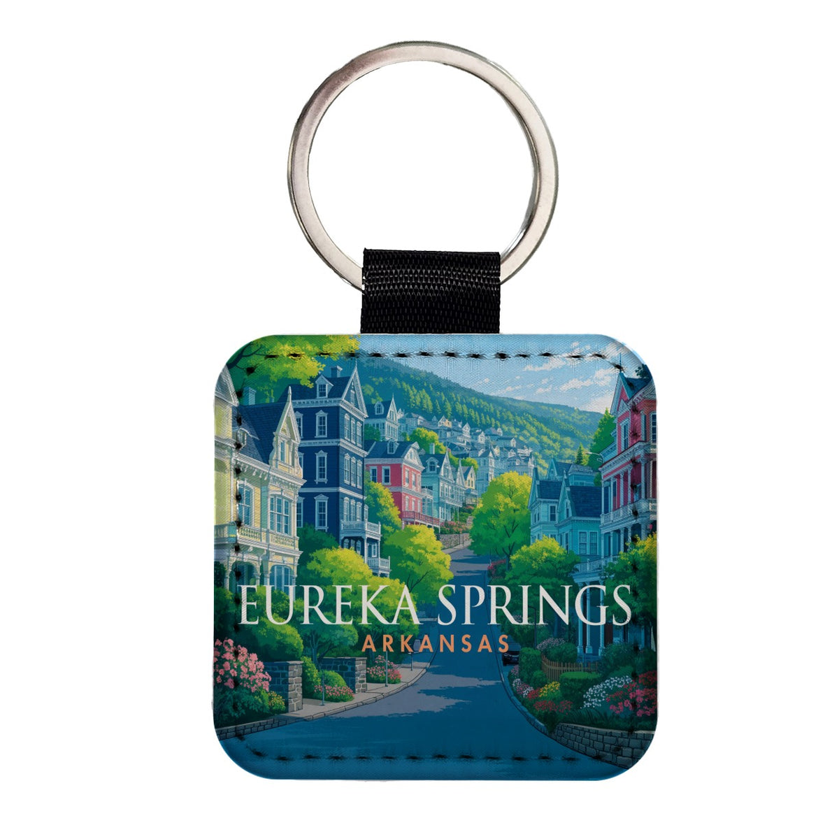 Eureka Springs Arkansas Travel Square Faux Leather Keychain