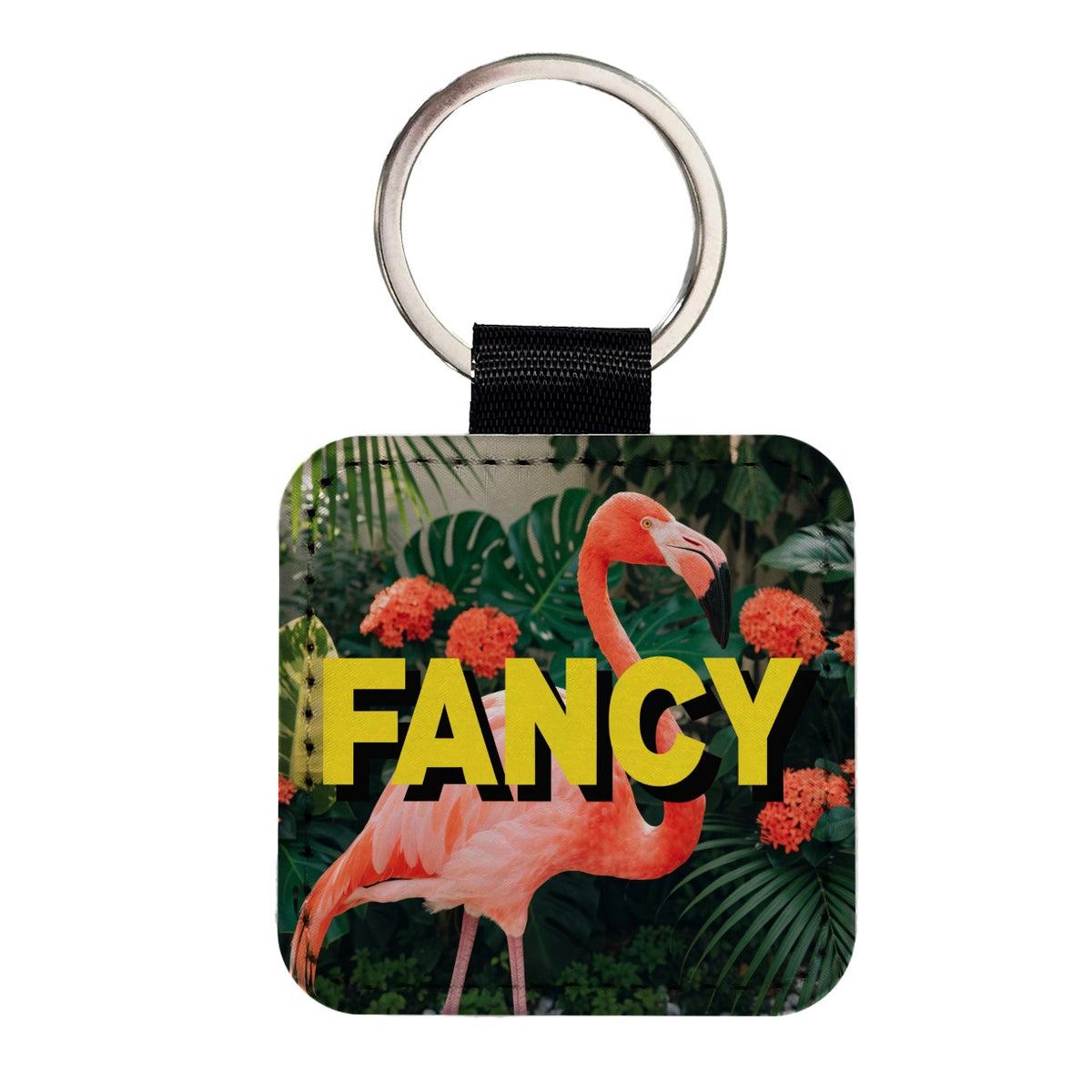 Fancy Pink Flamingo Funny Square Faux Leather Keychain