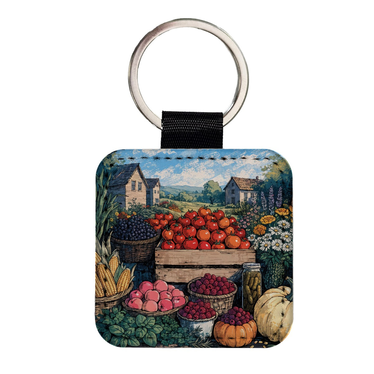 Farm Stand Garden Harvest Square Faux Leather Keychain