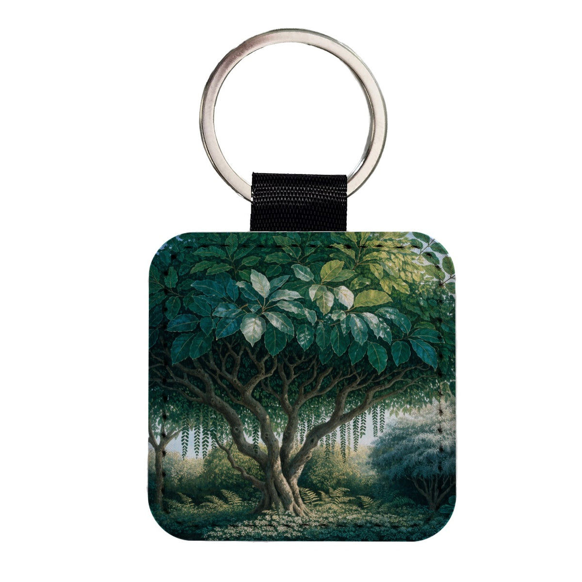 Ficus Tree Botanical Square Faux Leather Keychain