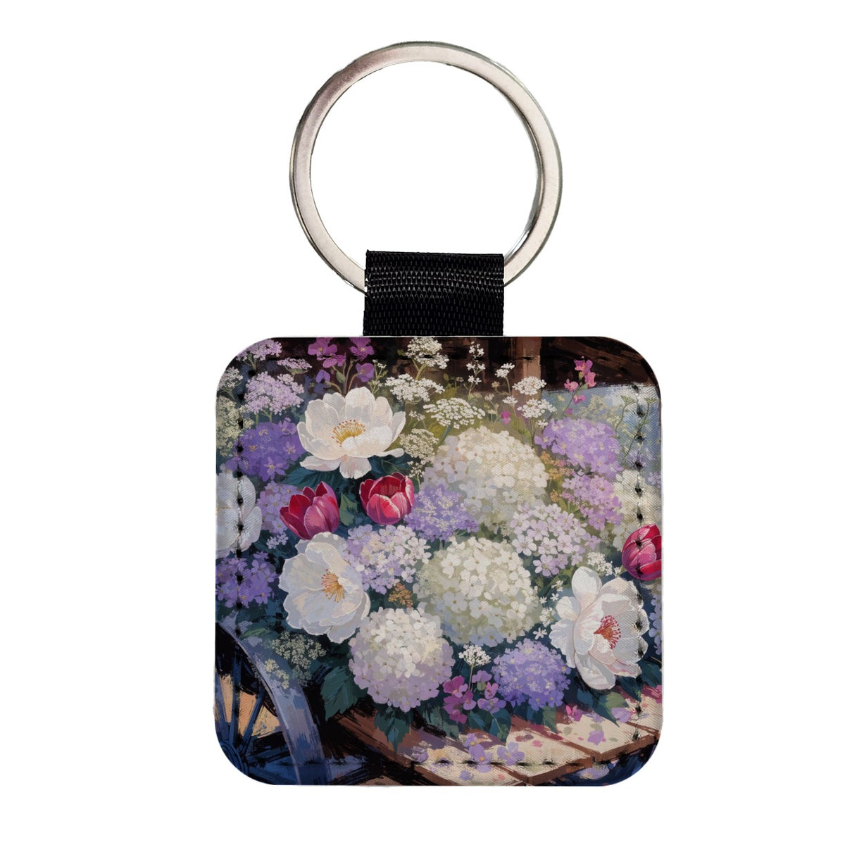 Flower Shop Garden Cart Square Faux Leather Keychain